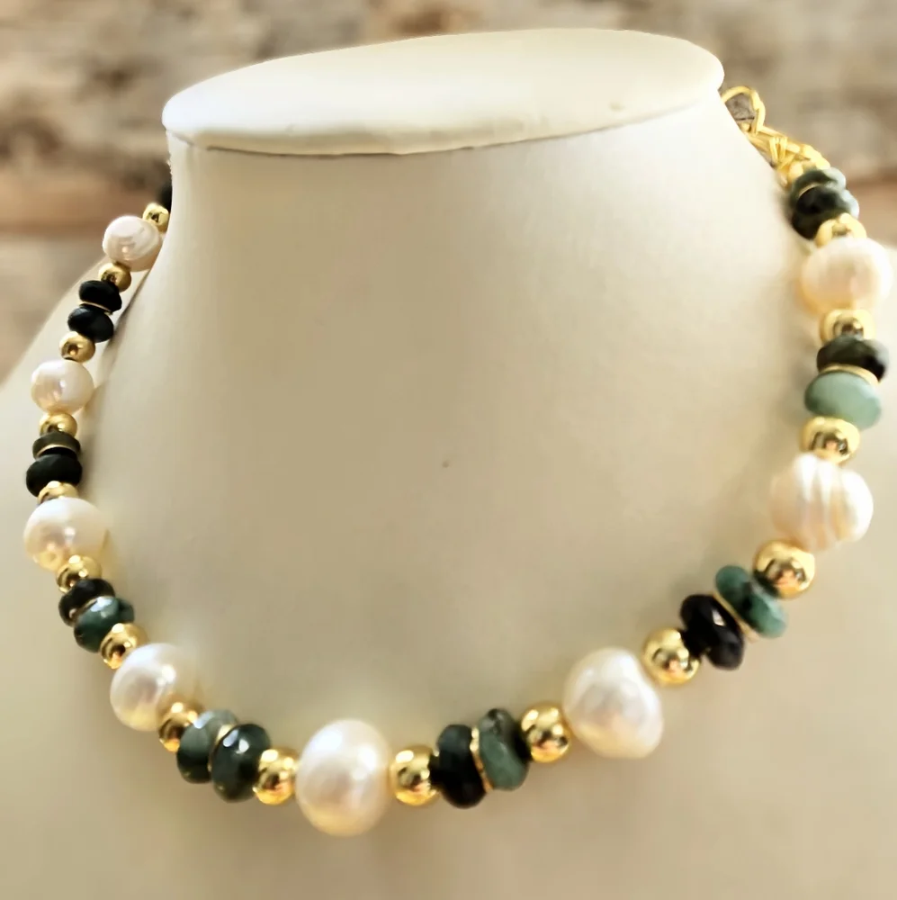 Genuine Emerald And Freshwater Baroque Pearls In Gold Plated Classic Necklace